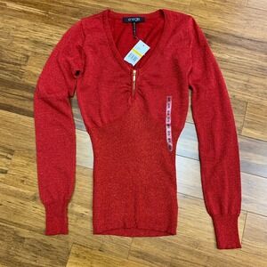 Energie Red Metallic Knit Top Womens Small‎ V-Neck Long Sleeve Pullover Sweater